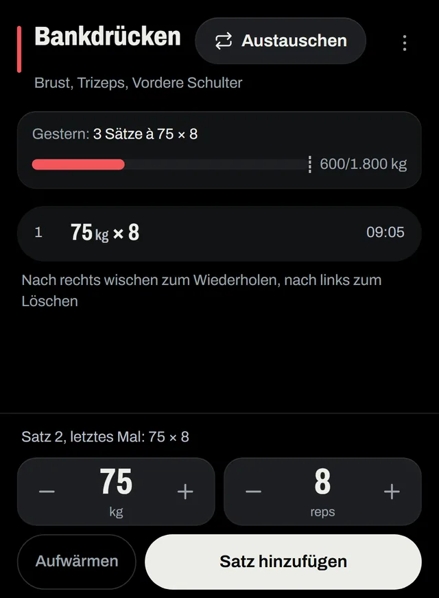 Laufende Session: Bankdrücken mit einem Satz 75 kg × 8 und den Reglern für Gewicht und Wiederholungen.
