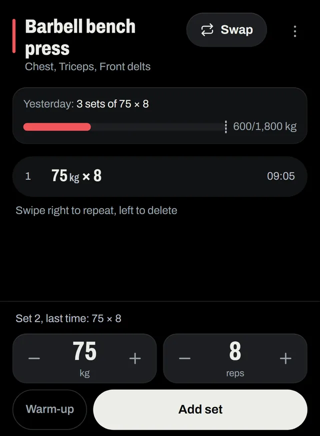Session in progress: bench press with one set of 75 kg for 8 and the weight and rep controls.