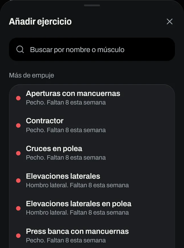 Añadir ejercicio: sugerencias con las series que le faltan a cada músculo esta semana.