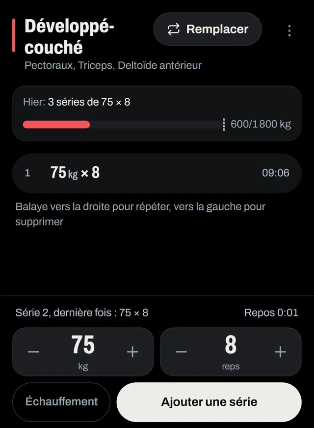 Séance en cours : développé couché avec une série de 75 kg × 8 et les réglages de charge et de répétitions.