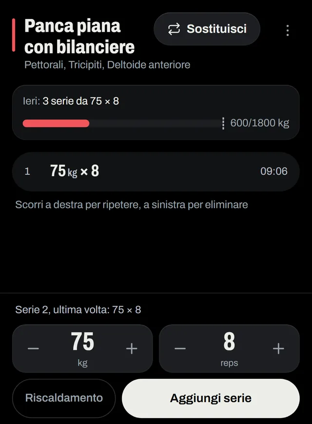 Allenamento in corso: panca piana con una serie da 75 kg × 8 e i comandi di carico e ripetizioni.